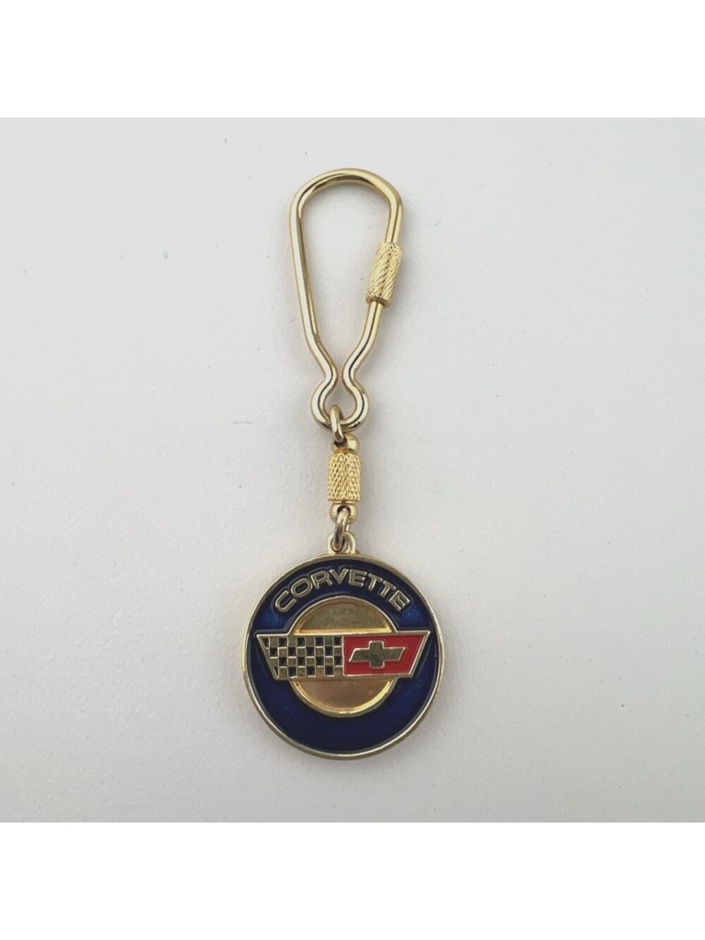 Corvette Logo Keychain Key Ring w/ Carabiner Clip Corvette Emblem Brass Enamel